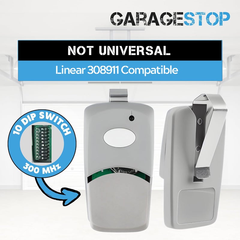 GARAGE STOP 2X for Multicode Linear 308911, 10 dip Switch Gate Opener Remote 300MHz, Multi Code Garage Door Opener Remote, Garage Clicker Replacement - Image 2